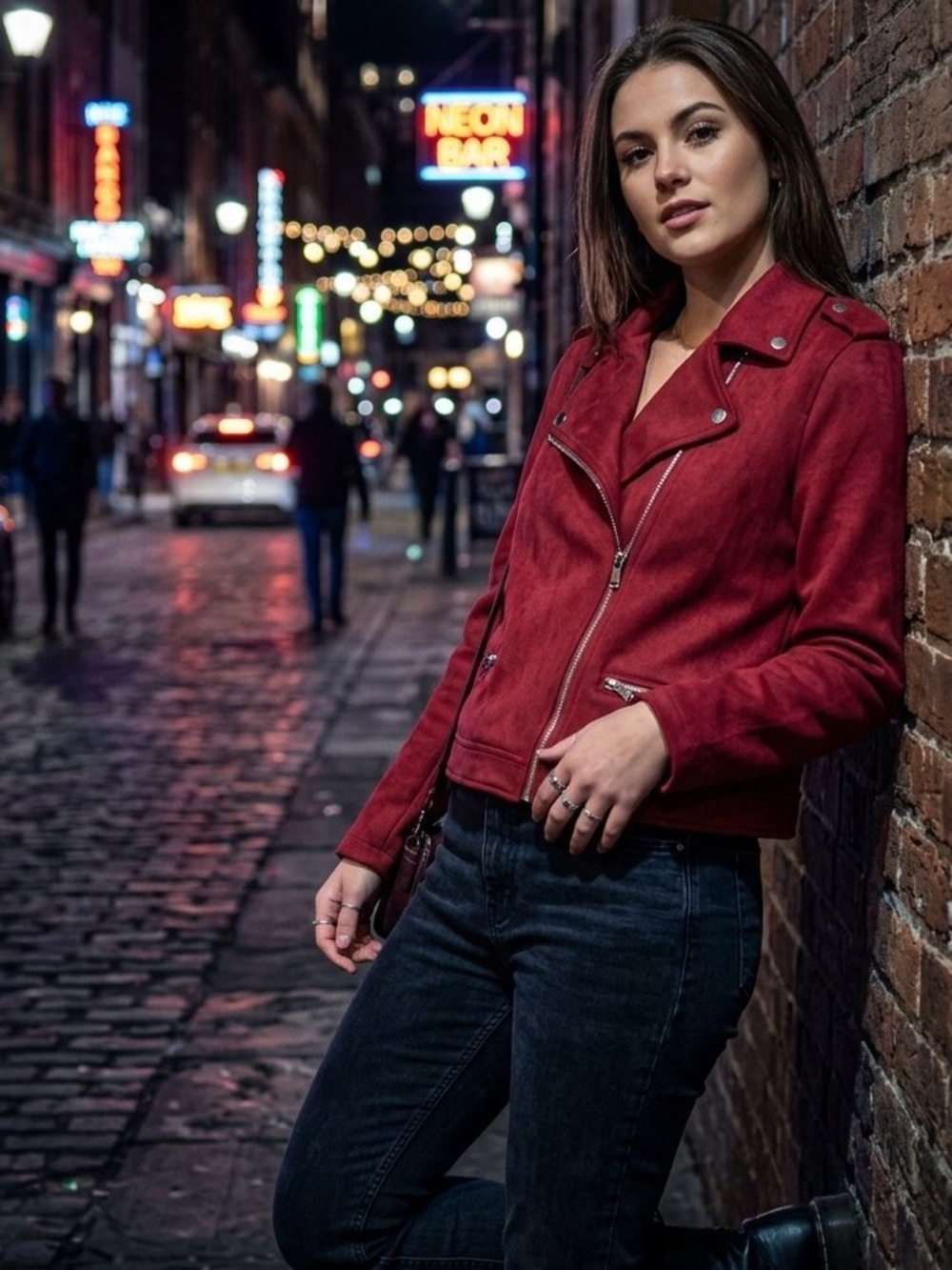 Burgundy Faux Suede Zip-Up Moto Jacket, Silver Hardware, XL, Like New